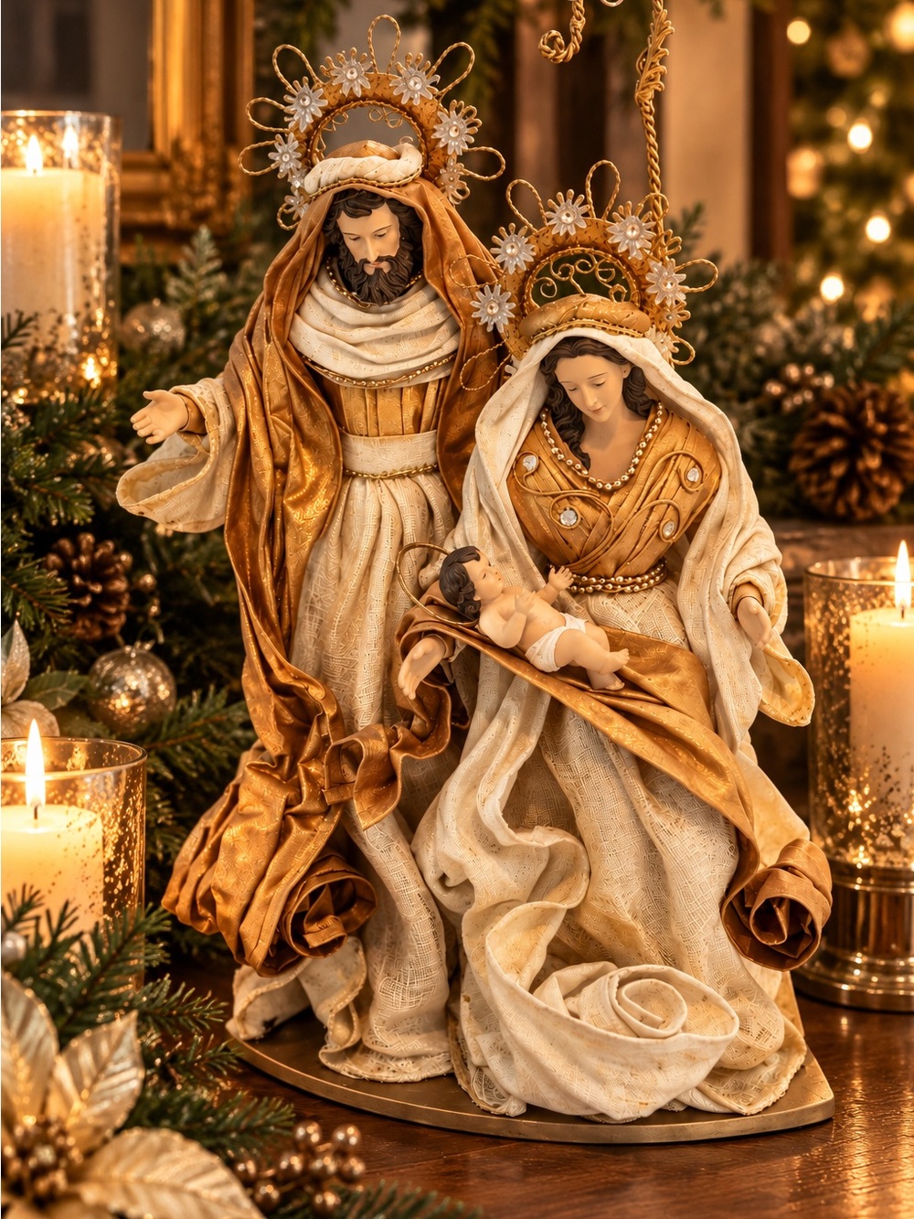Vintage Holy Family Nativity Statue 19” Gold Ivory Fabric Mary Joseph Baby Jesus